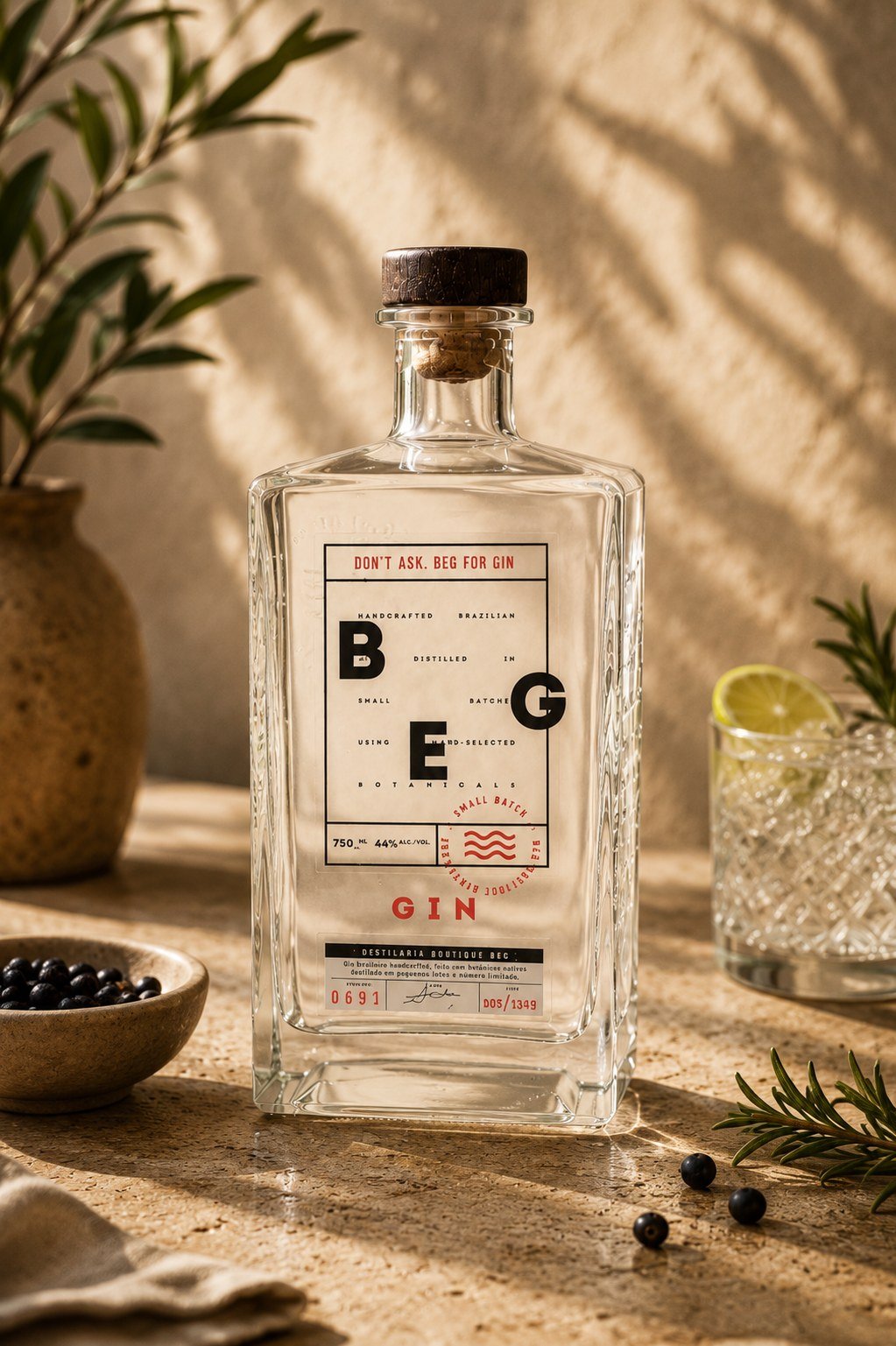 BEG Brazilian Boutique Gin sobre mesa de pedra, luz dourada, alecrim e zimbro ao redor