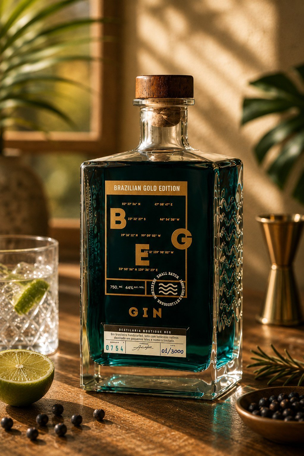 Garrafa BEG Gin Gold Edition, luz dourada, ambiente natural