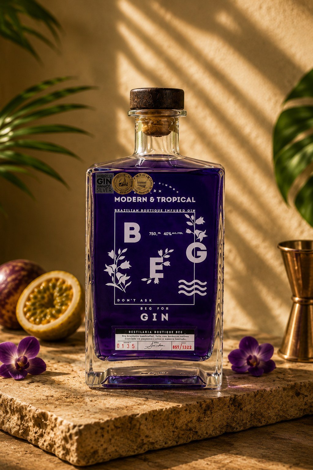 BEG Modern Tropical Gin sobre mesa de pedra, luz dourada, maracujá e orquídeas ao fundo