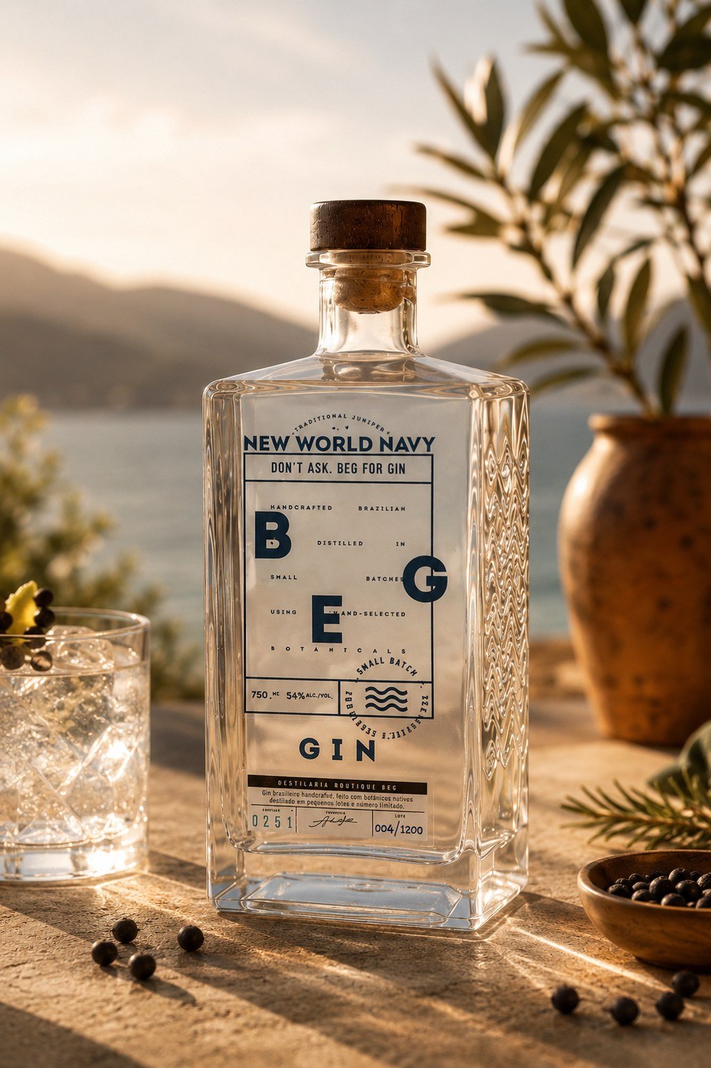 BEG New World Navy Gin ao entardecer, montanhas e mar ao fundo