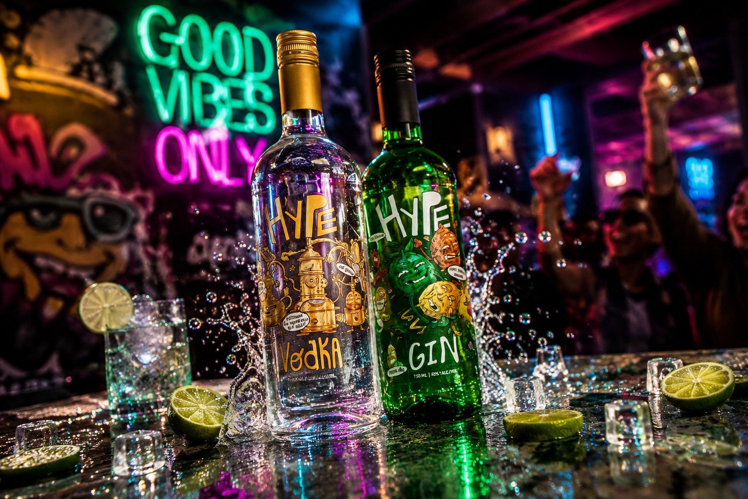 Linha Hype, Gin e Vodka, ambiente de bar urbano com neon