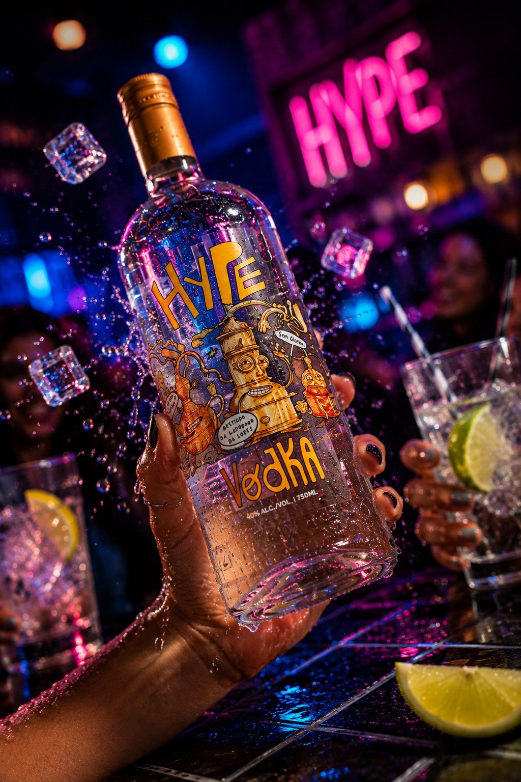 Hype Vodka segurada em ambiente de bar com neon rosa