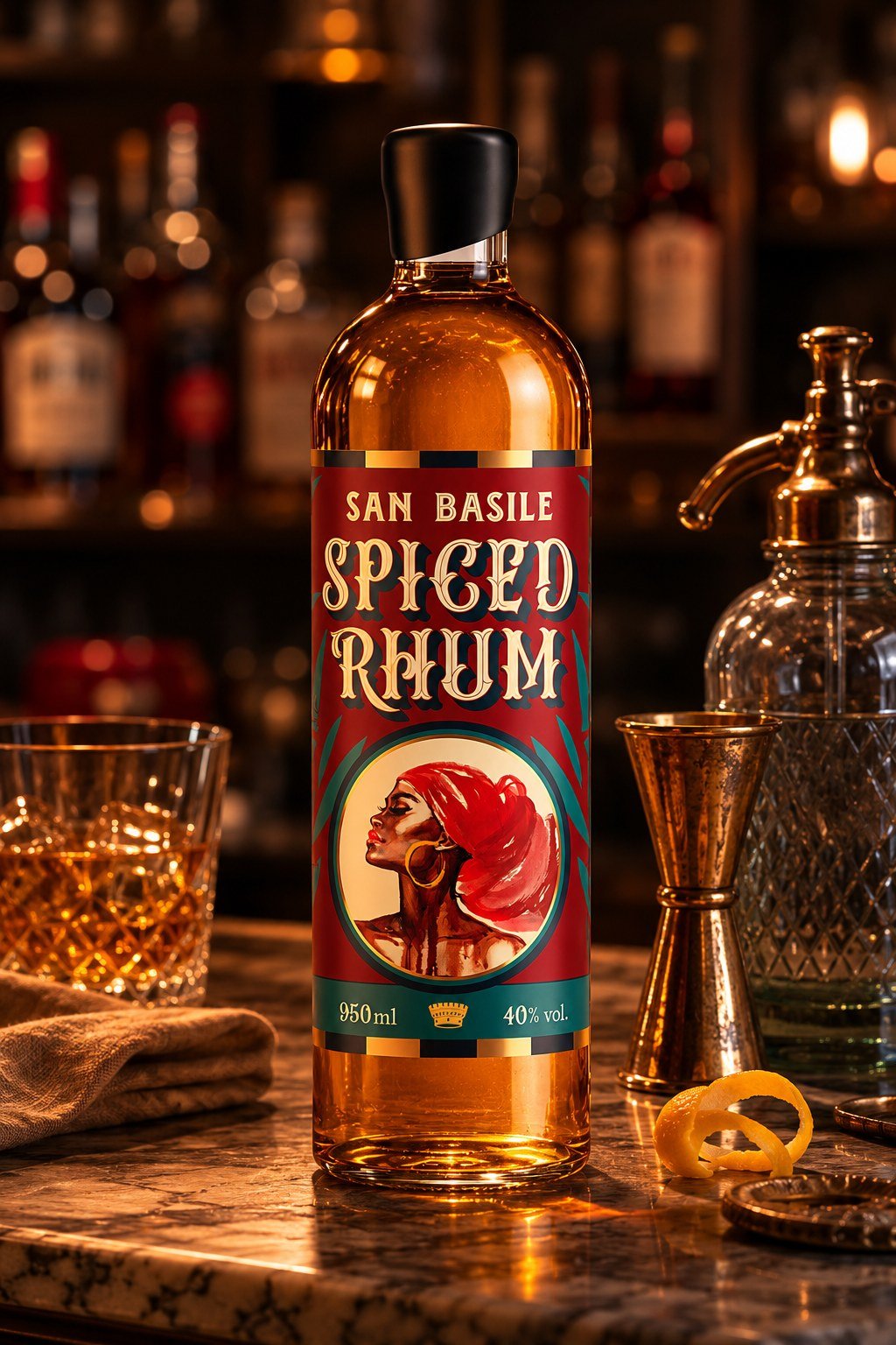 SanBasile Spiced Rhum, balcão de bar antigo, luz quente